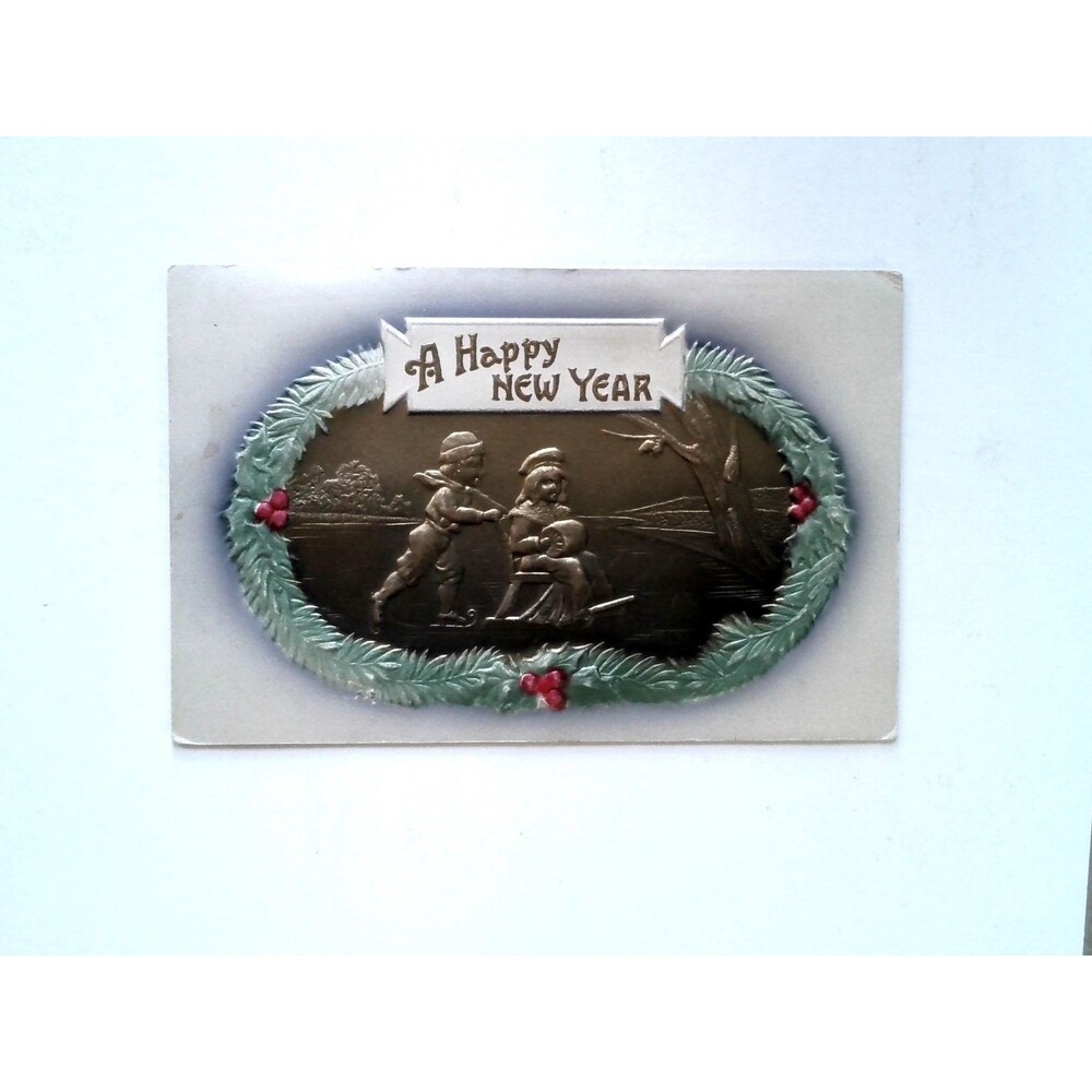 Embossed New Year Postcard Children Holly Wreath Printed Germany